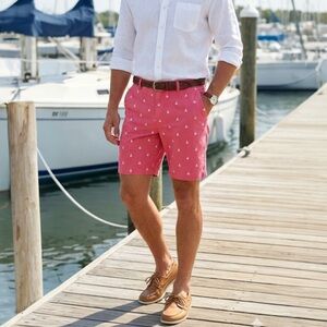 TACKLE & TIDES Bermuda Shorts Sailboat Print Flat Front Preppy Salmon Pink W 38